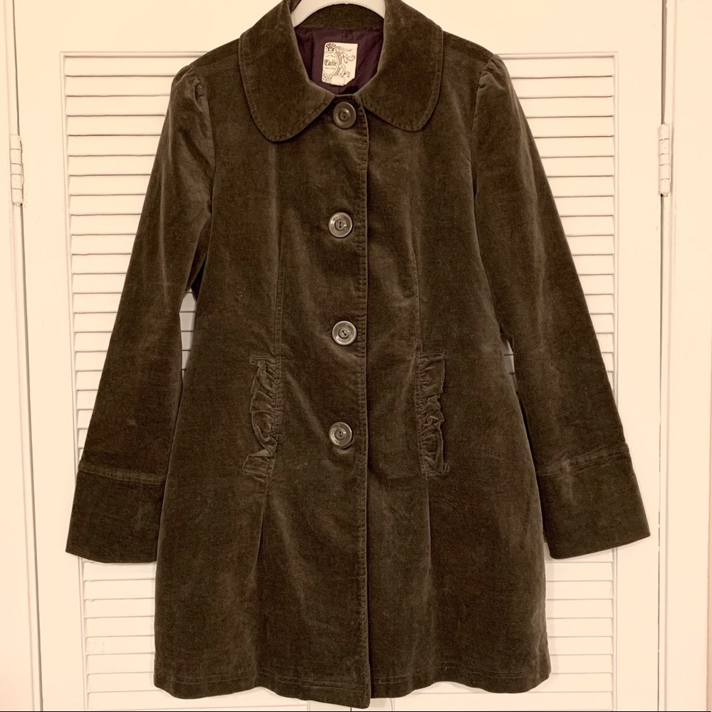 Tulle Brown Long Coat Ruffle Pocket Size M